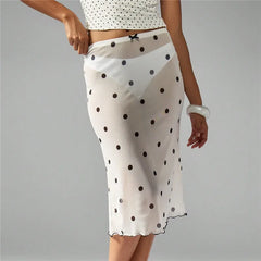 Sheer Mesh Polka Dot Low Rise Midi Skirt