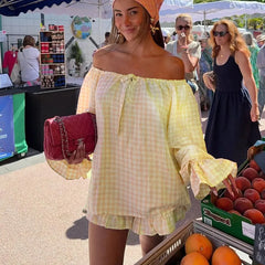 Plaid Off Shoulder Long Sleeve Tops and Ruffle Shorts Set