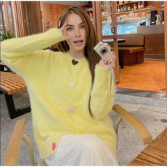 Heart Shaped Button Fuzzy Knit Cardigan