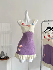 Purple Knitted 3D Flower Mini Dress