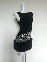 Black O Neck Diamond Beaded Fur Patchwork Mini Bandage Dress