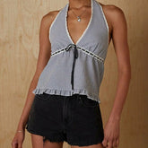 Striped Halter Ribbion Tie Up V-Neck Top