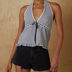 Striped Halter Ribbion Tie Up V-Neck Top
