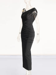 Diagonal Collar Gold Button Black Ruched Midi Dress