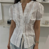 White Ruffle Puff Short Sleeve Button Down Top