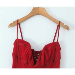 Red Spaghetti Straps Lace Up Bandage Bodycon Midi Dress