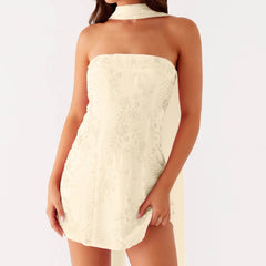 Sequin Beaded Tube Mini Dress with Scarf