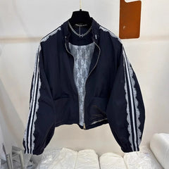 Lace Trim Stand-up Collar Zipper Jacket