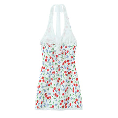 White Fruit Print Halter Mini Dress