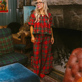 Christmas Plaid Puff Sleeve Ruffle Trim Pyjama Set