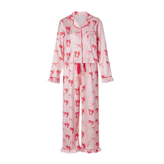 Satin Christmas Ruffle Trim Long Sleeve Shirt And Pants Pajama Set