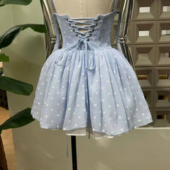 Polka Dot Corset Spaghetti Strap 3D Flower Flared Mini Dress
