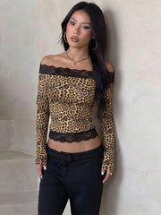 Off Shoulder Leopard Print Lace Patchwork Top