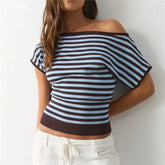 Striped Diagonal Off Shoulder Short Sleeve Knit Crop Top