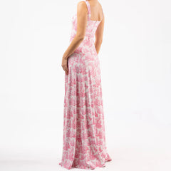 Pink Printed Square Neck Long Dress with Scarf