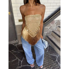 Gold Strapless Knitted Tassel Hem Top