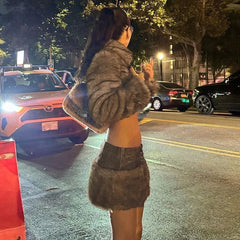 Brown Faux Fur Crop Coat With Patchwork Mini Skirt