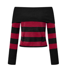 Distressed Striped Off-Shoulder Long Sleeve Knit Top