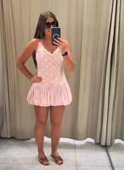 Pink Patchwork Pattern Lace Spaghetti Strap Mini Dress