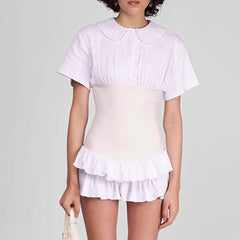 White Short Sleeve Collar Button Corset Patchwork Mini Dress