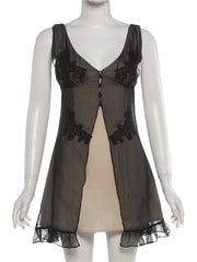 Black Sheer Layer V-neck Embroidery Ruffled Hem Mini Dress