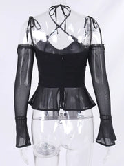 Black Mesh Halter Strap Long Sleeve Top
