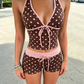 Brown Polka Dot Halter Crop Top And Drawstring Shorts Set