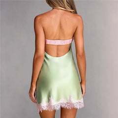 Green Satin Strapless Lace Hem Mini Dress