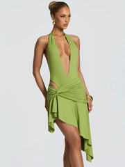 Deep V-Neck Halter Twisted Pleated Waist Irregular Hem Mini Dress