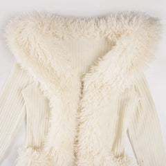 Furry Patchwork Ribbed Zipper Cardigan