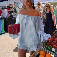 Plaid Off Shoulder Long Sleeve Tops and Ruffle Shorts Set