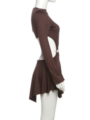 Brown One Long Shoulder Cut Out Mini Dress