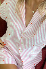 Striped Heart Short Sleeve Top And Shorts Sleepwear Set