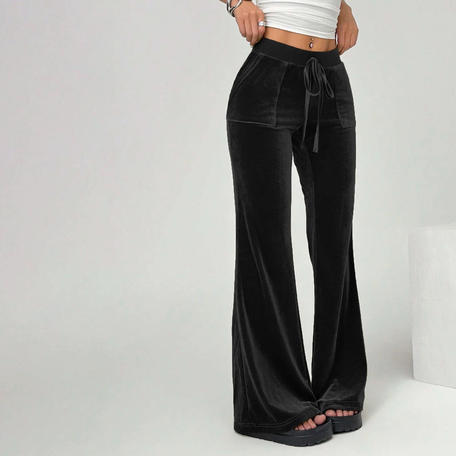 Black wide-leg pants worn by a person