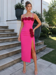 Spaghetti Strap 3d Flower Applique Slit Midi Dress