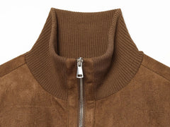 Brown Faux Suede Stand Collar Zip Up Bomber Jacket