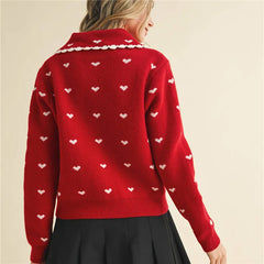 Heart Print Doll Collared Knitted Cardigan