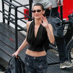 Black Halter Cowl Buttoned Crop Top