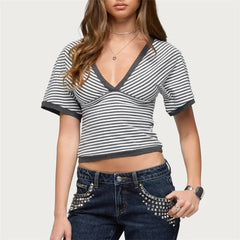 V-Neck Striped Crop T-Shirt