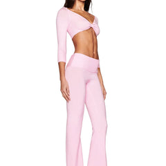 Pink Knitted Twisted Long Sleeve Cropped Top and Flared Pants Bow Set