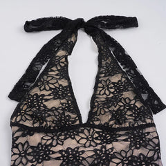 Black Halter Neck Lace Patchwork Bodysuit Mini Dress