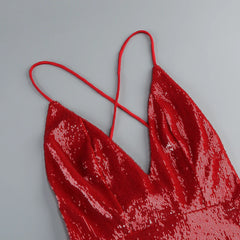 Red Sequin V-neck Strappy Maxi Dress