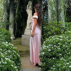 Pink Off-Shoulder Sleeves Maxi Dress