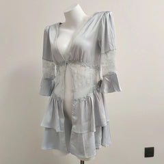 Long Sleeve Lace Mesh Tie Up Top Loungewear