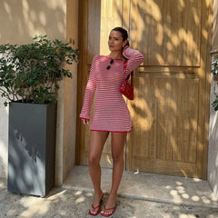 Red Stripe Ribbed Long Sleeve Mini Dress