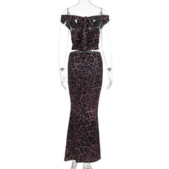 Leopard Print Off Shoulder Crop Top And Maxi Skirt Set