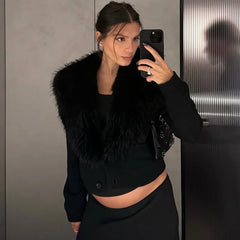 Black Cropped Faux Fur Removable Collar Cardigan
