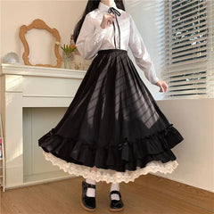Ruffles Lace Trim Bow Maxi Skirt - Preppy A-Line