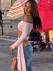 Long Sleeve Off-Shoulder Bandage Crop Top