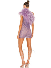 Purple One Shoulder Sequin Feather Mini Dress
